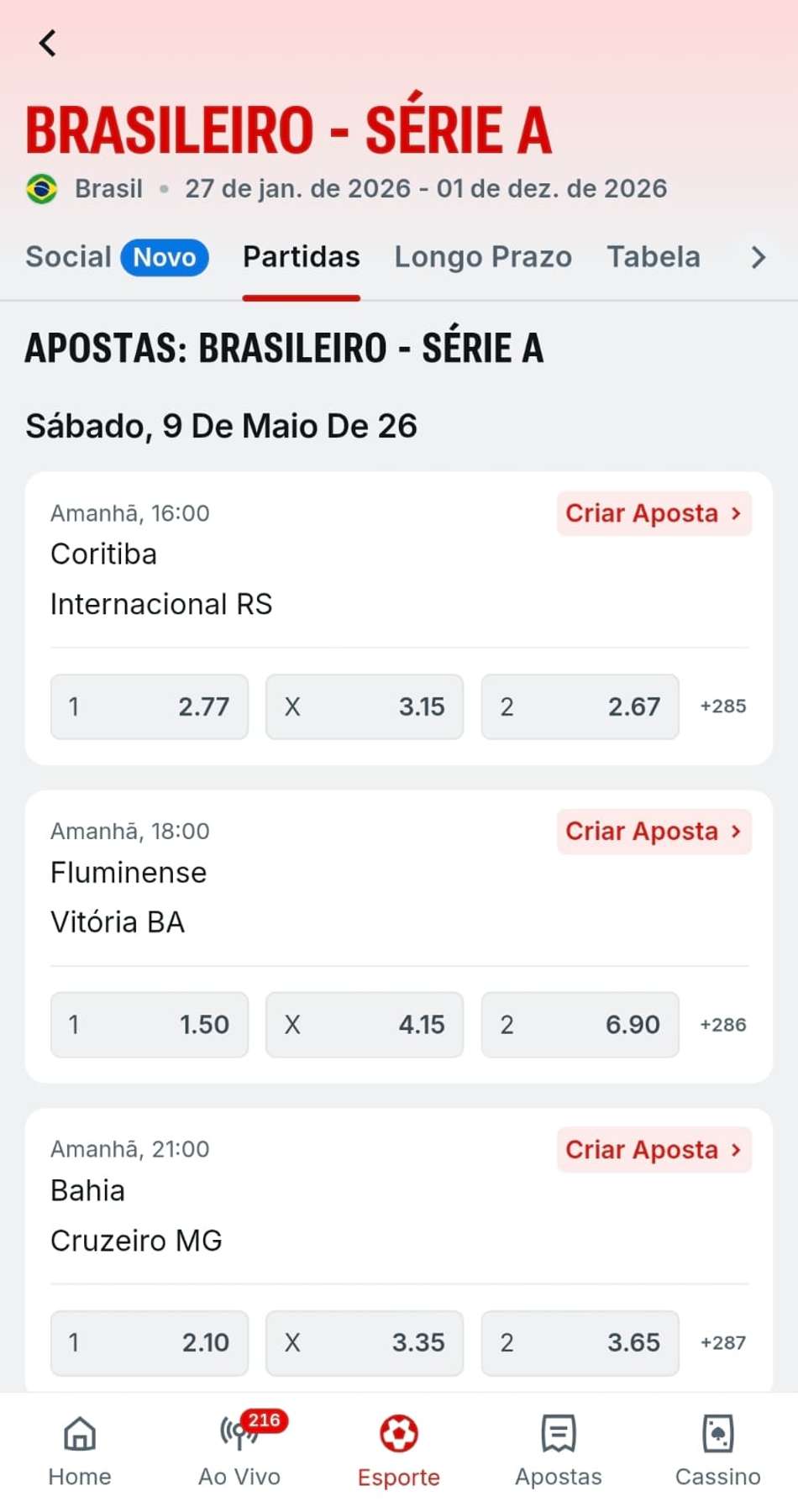 Captura de tela dos jogos do Brasileirão para apostar na Superbet.
