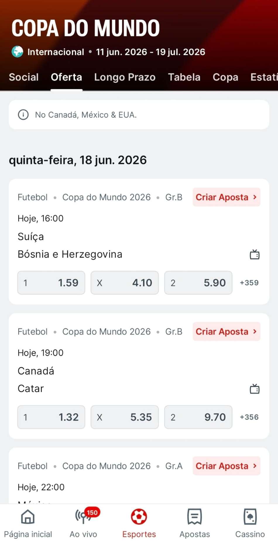 Captura de tela da seção de apostas na Copa do Mundo na Superbet com o mercado 1.5 gols.