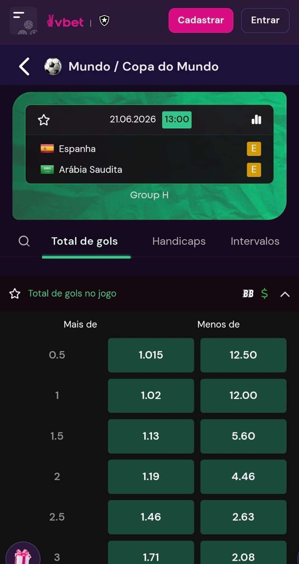 Captura de tela da Vbet exibindo o mercado de Total de Gols 1.5 na Copa do Mundo 2026.