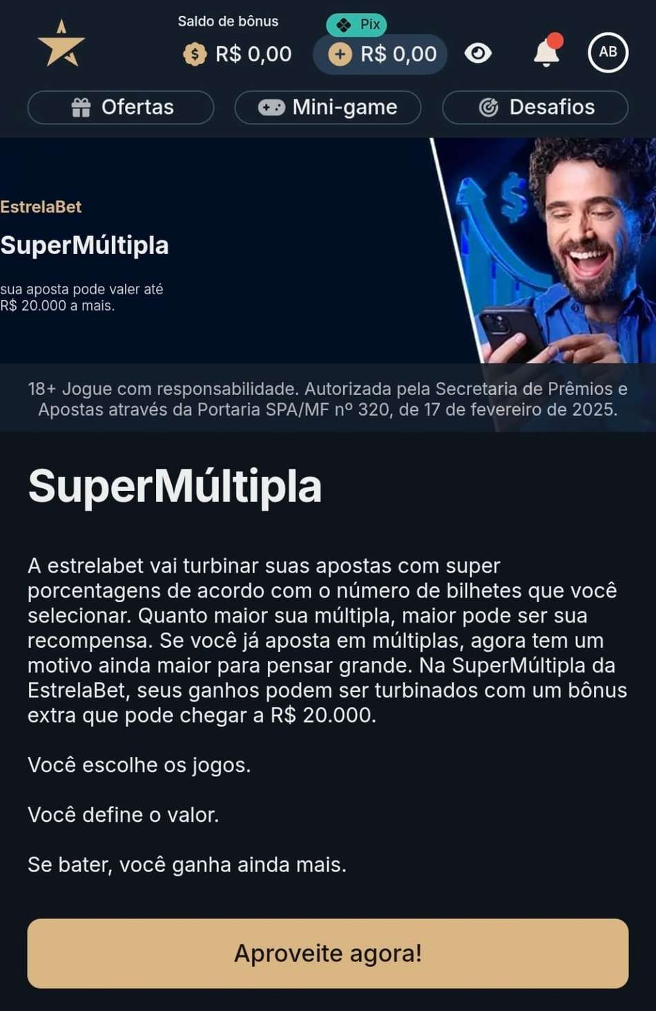Captura de tela da EstrelaBet, plataforma de 1 real com a oferta SuperMúltipla