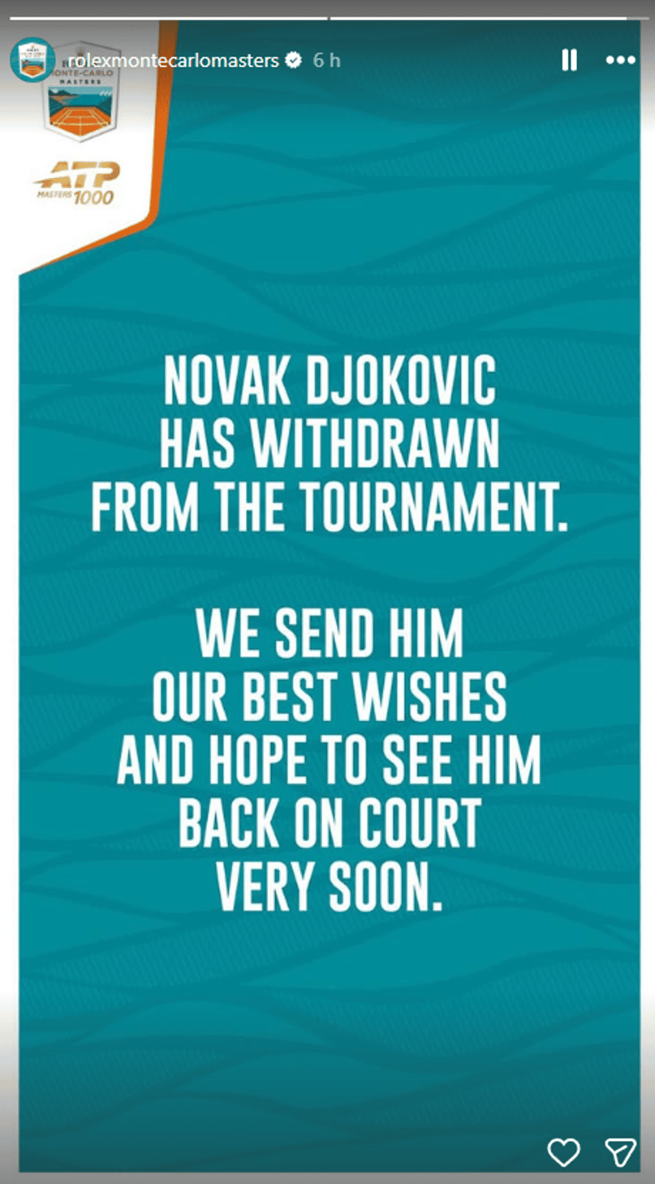 Organização do Masters 1000 de Monte Carlo anuncia desistência de Novak Djokovic (Foto: Reprodução/ Instagram)