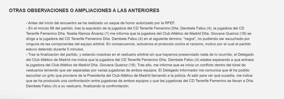 Súmula de Atlético de Madrid x Tenerife.