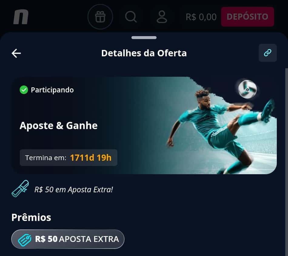 Captura de tela da promoção Aposte e Ganhe que libera R$50 de freebet na Novibet.