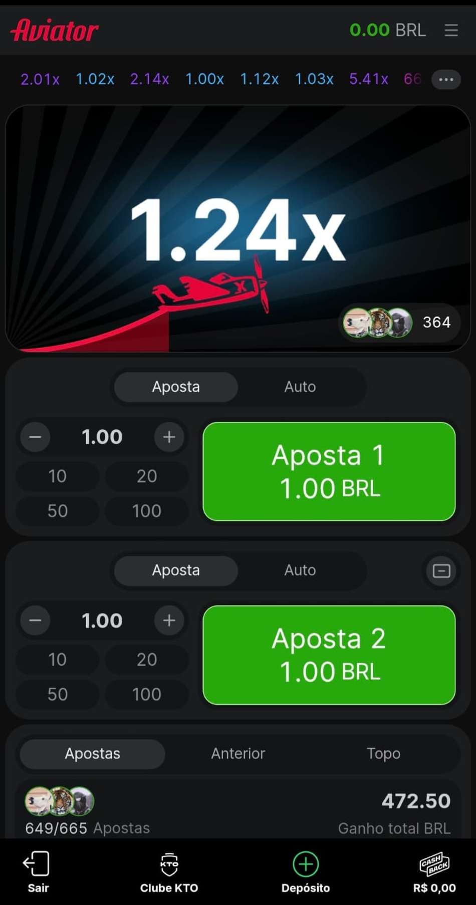 Captuar de tela do crash game Aviator sendo jogado no cassino oficial da KTO.