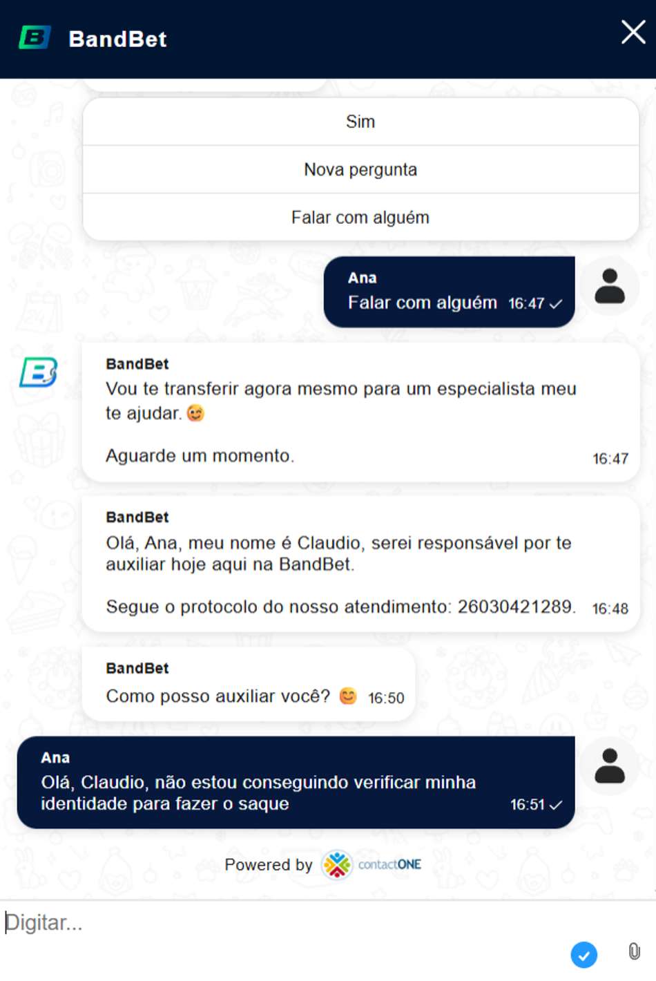 Atendimento no chat ao vivo com pergunta sobre KYC na BandBet