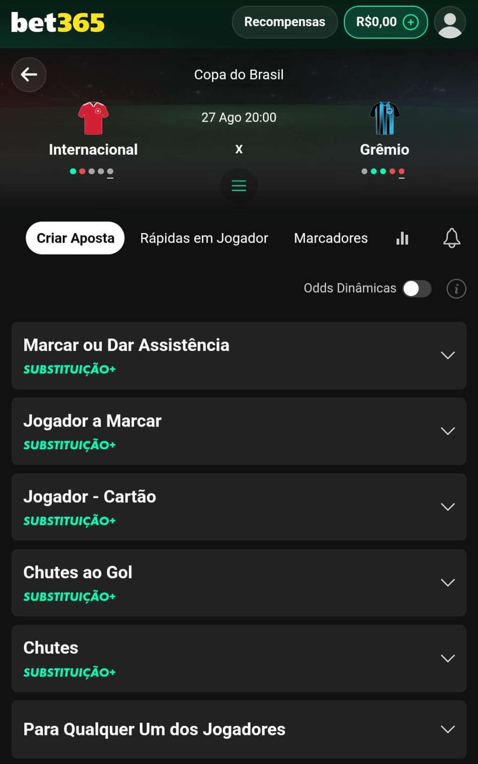 Captura de tela com a função Criar Aposta da bet365 em destaque.