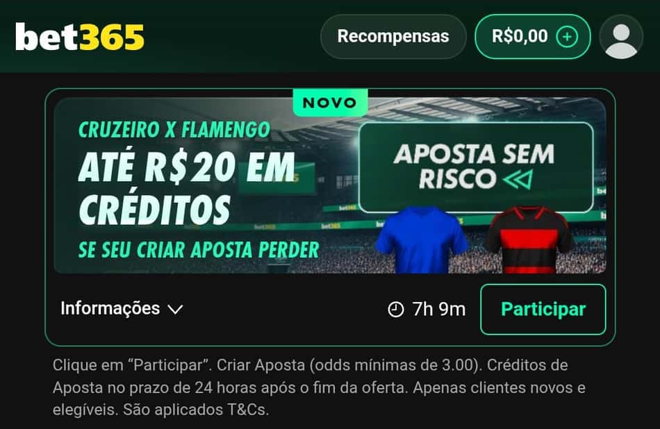 Captura de tela do bônus da Libertadores da bet365 para a partida Cruzeiro x Flamengo.