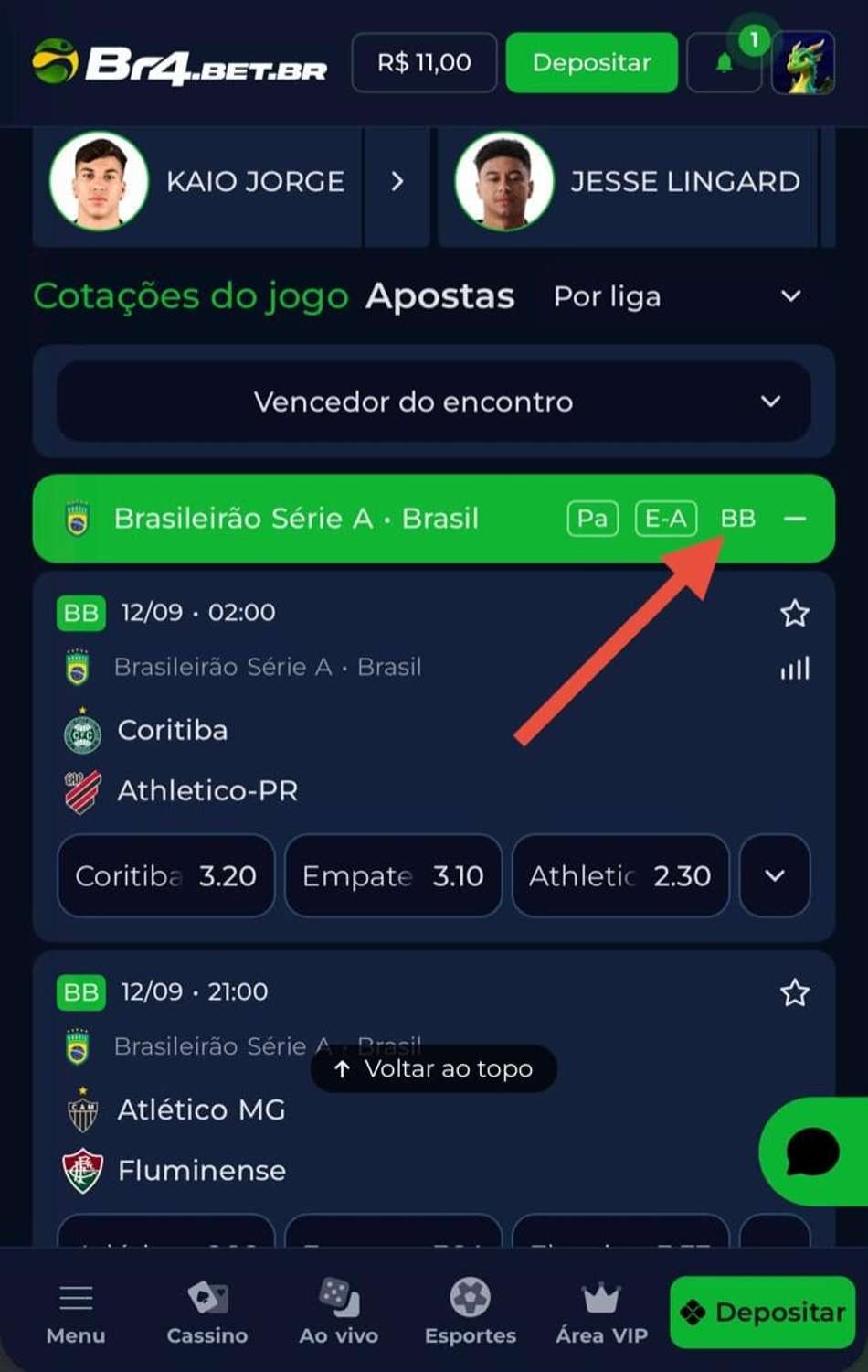 Captura de tela do boletim de apostas da BR4BET com o Bet Builder.