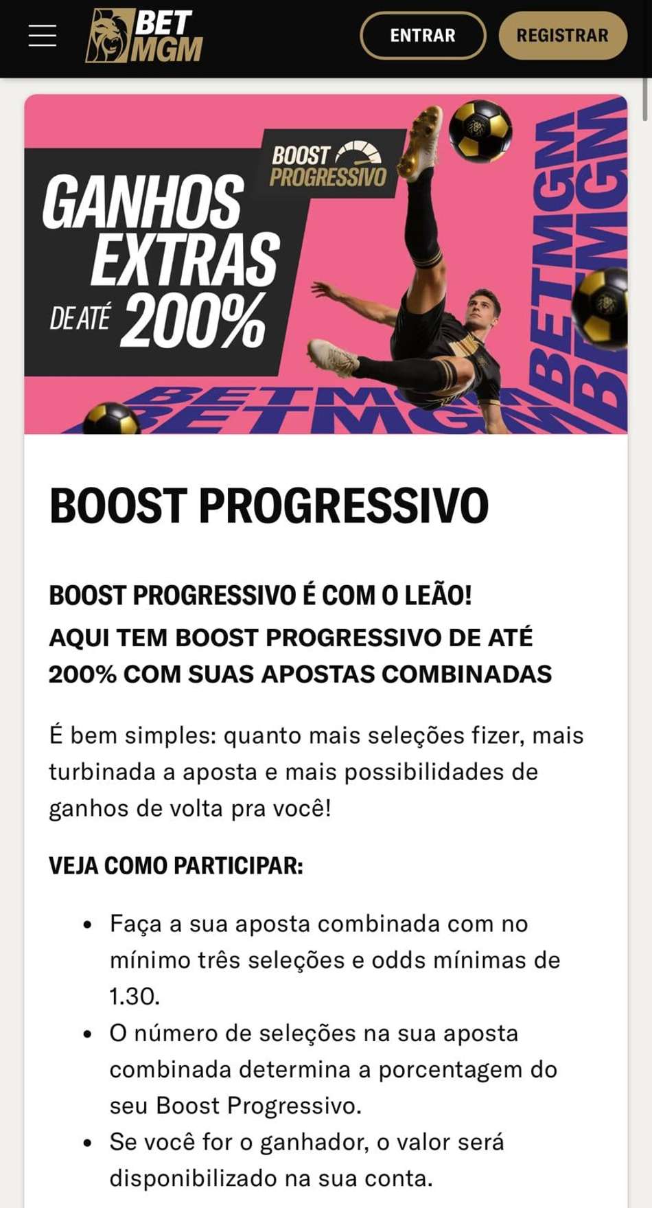 Captura de tela do Boost Progressivo da plataforma com bônus BetMGM.