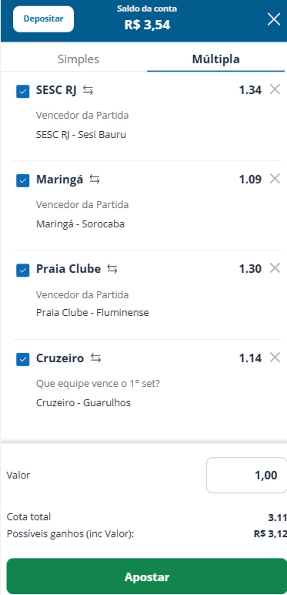 Bilhete de aposta múltipla em jogos de vôlei na Sportingbet com odds combinadas