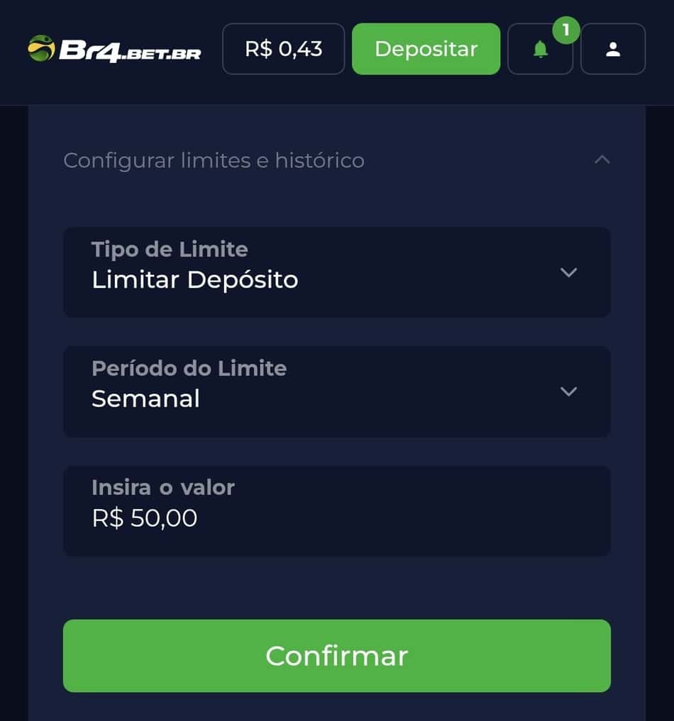 Captura de tela da BR4BET exibindo o controle de depósitos na casa.