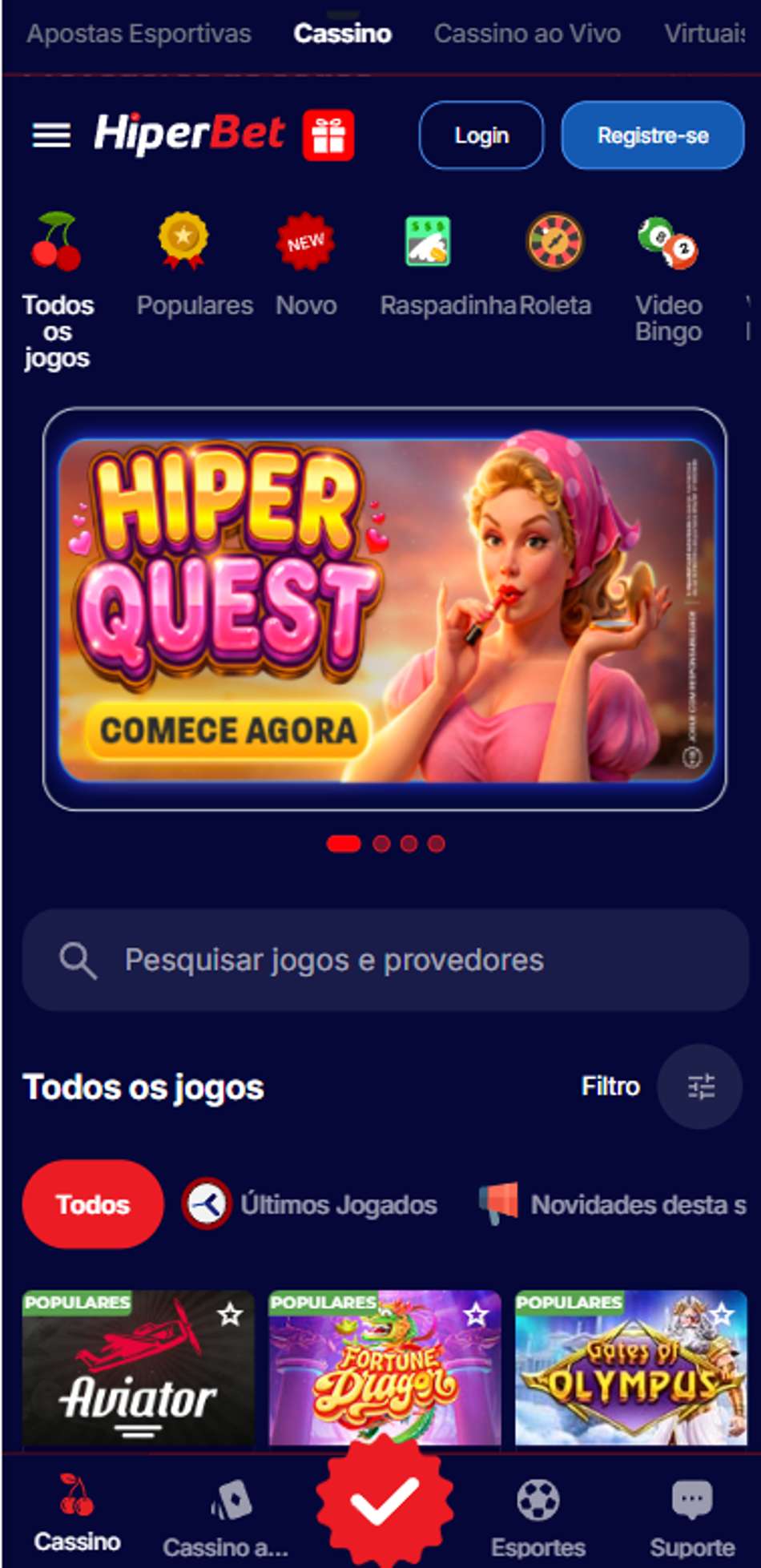 Página do cassino HiperBet no navegador mobile