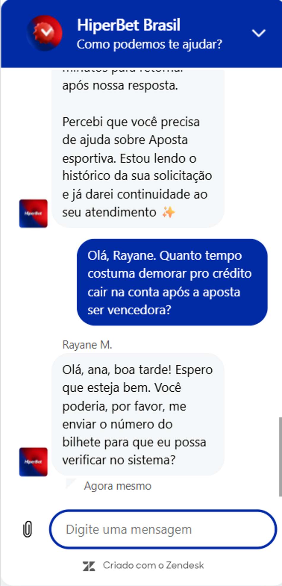 ergunta no chat ao vivo da HiperBet com agente humano