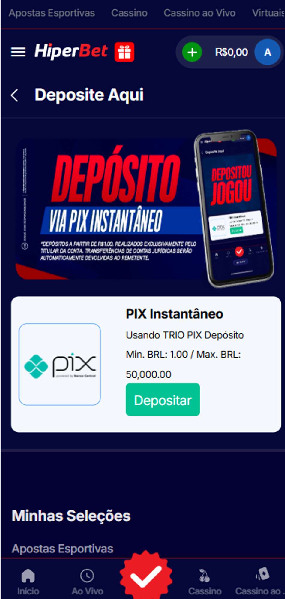 Depósito a partir de R$1 por Pix na HiperBet