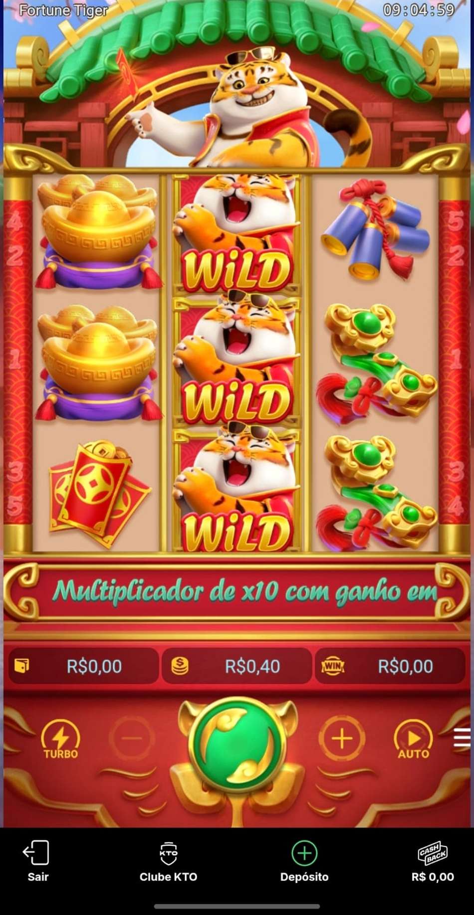 Captura de tela de uma sessão de apostas no jogo do tigrinho na KTO.