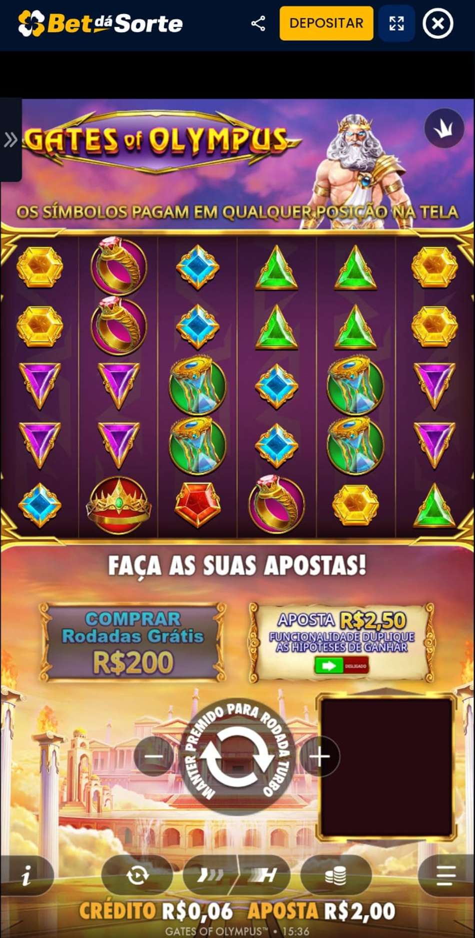 Captura de tela da slot Gates of Olympus na Bet Dá Sorte