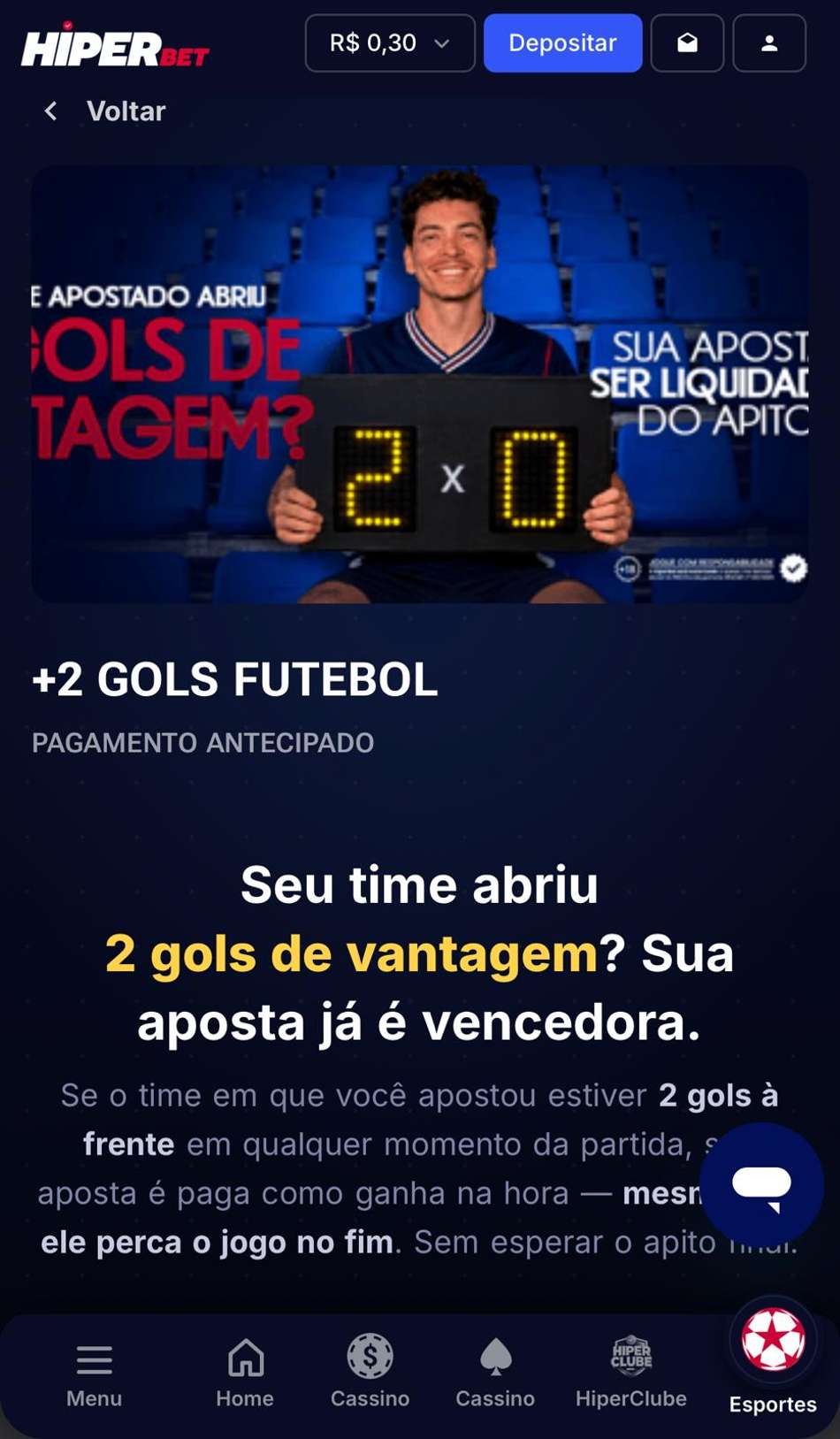 Captura de tela da página do Pagamento Antecipado na HiperBet.
