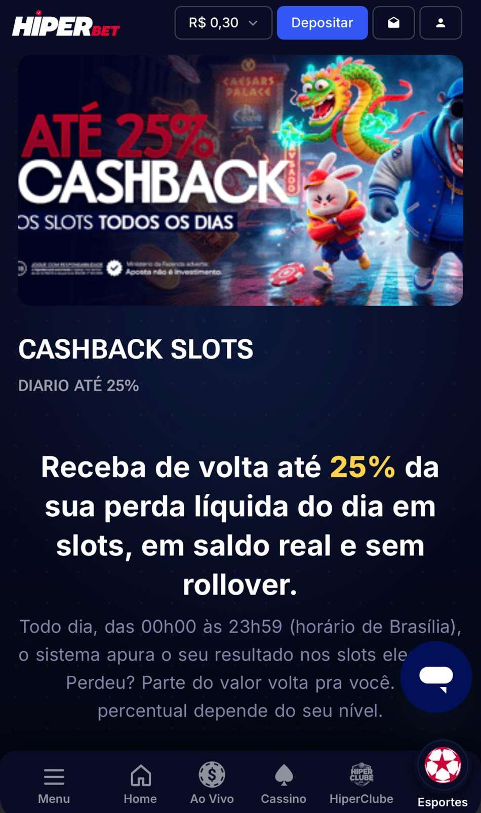 Captura de tela da página de cashback na HiperBet.