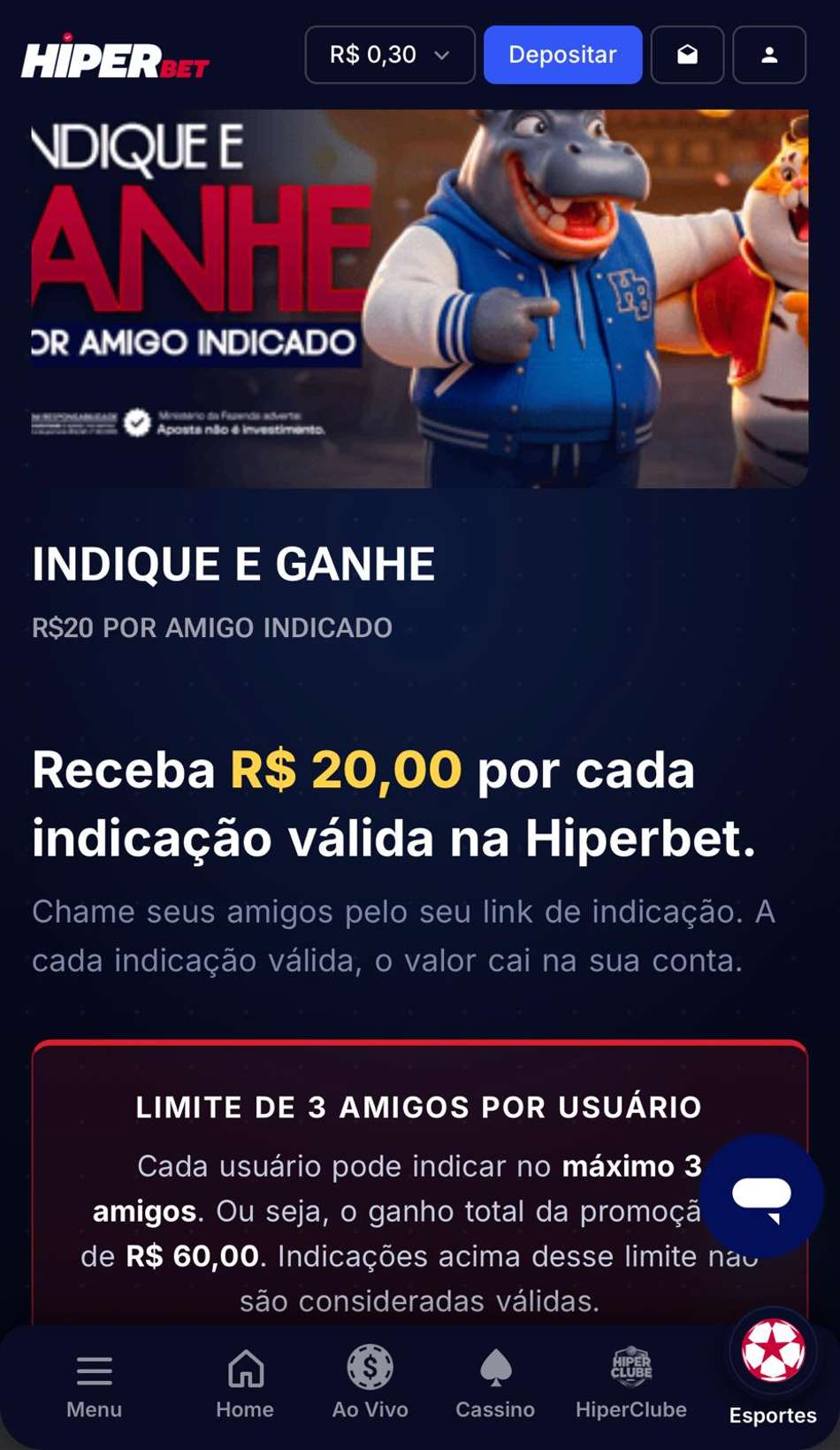 Captura de tela da página do "Indique e Ganhe" na HiperBet.