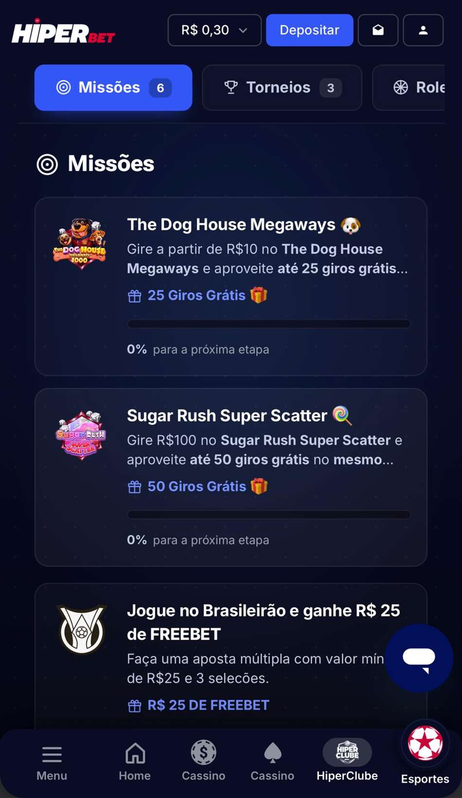 Captura de tela da página de missões na HiperBet.
