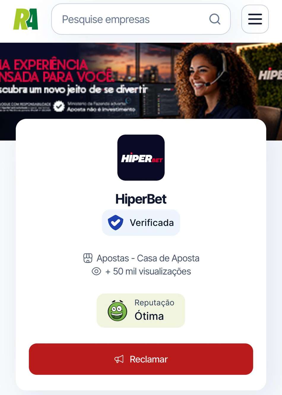 Captura de tela exibe reputação Boa da HiperBet no Reclame Aqui com nota 8,2/10.