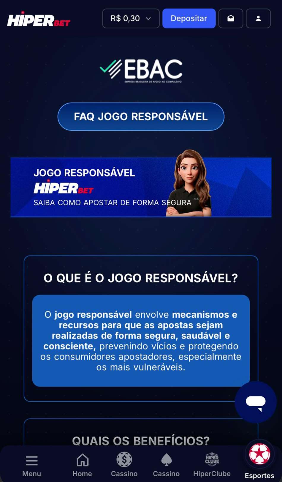 Captura de tela da página de Jogo Responsável na HiperBet.