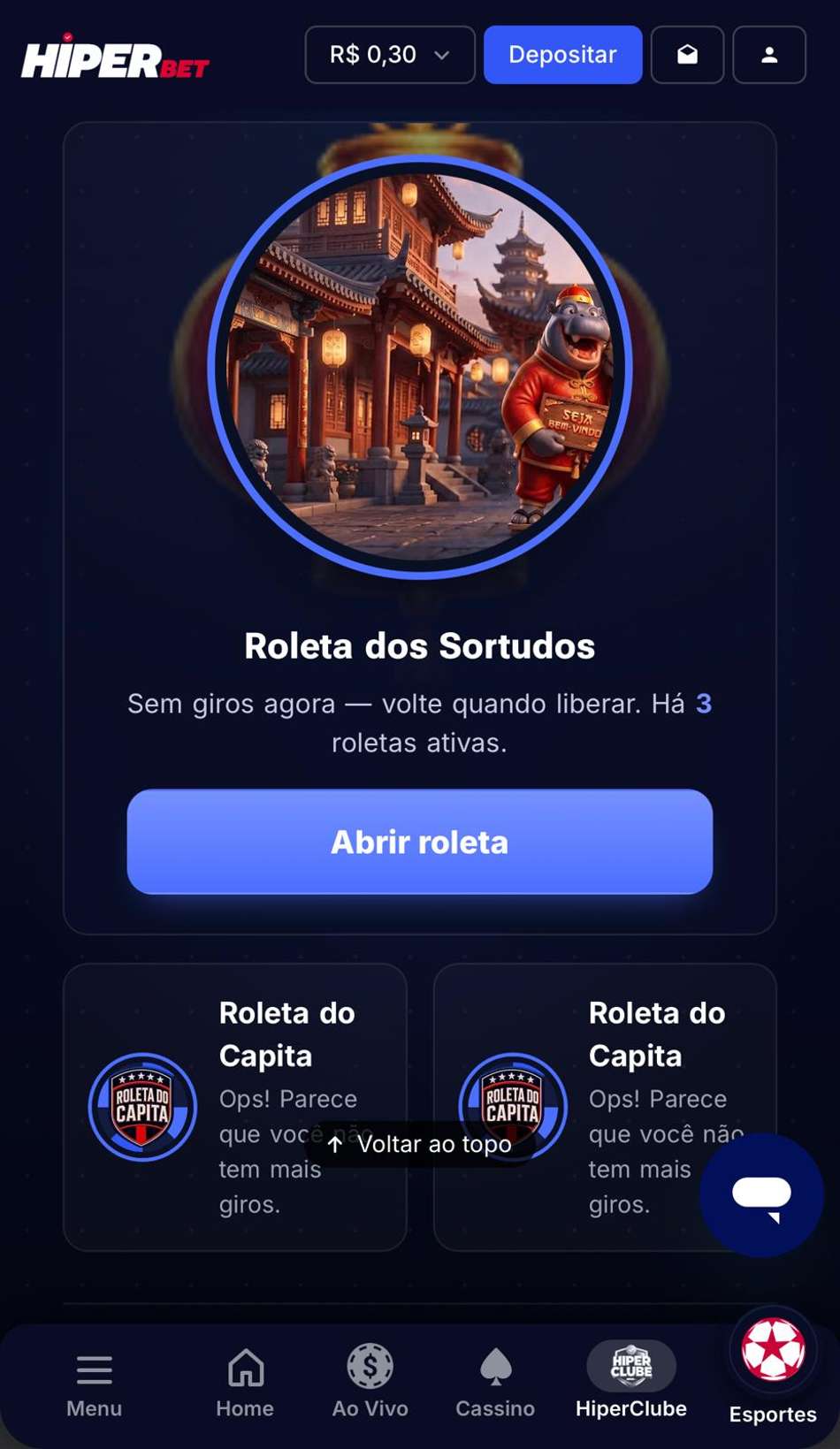 Captura de tela da página de roletas na HiperBet.