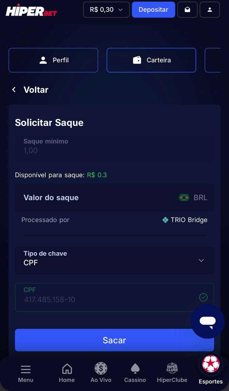 Captura de tela da página de saque na HiperBet.