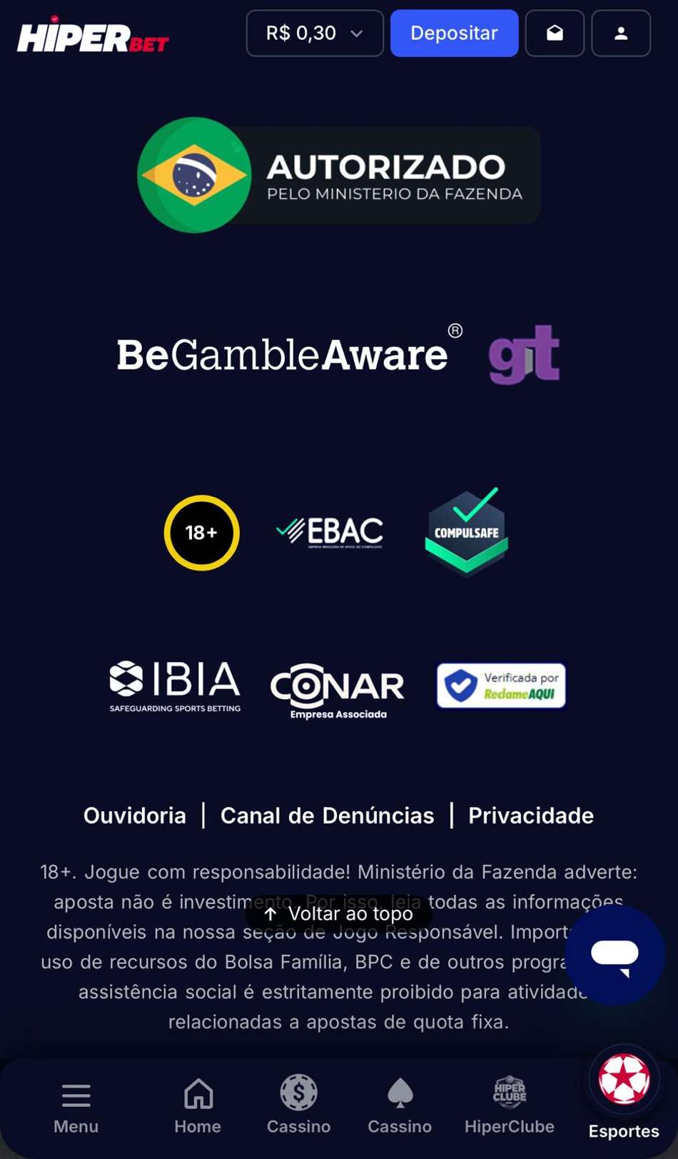 Captura de tela exibe os selos de segurança no rodapé da HiperBet incluindo IBIA e CONAR.