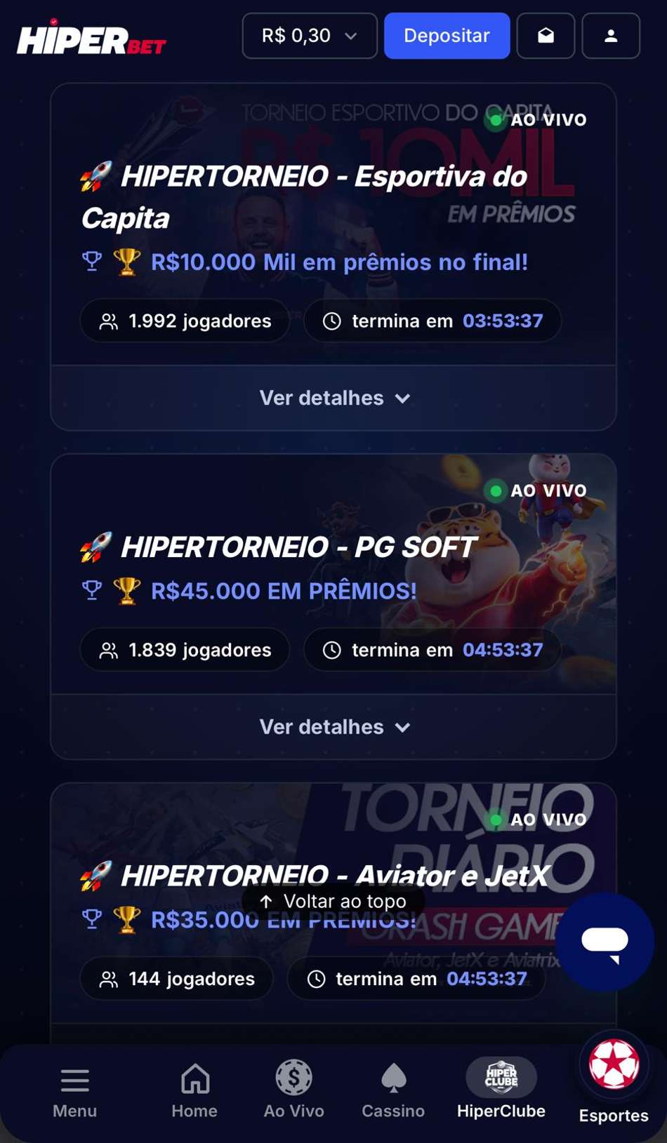 Captura de tela da página de torneios na HiperBet.
