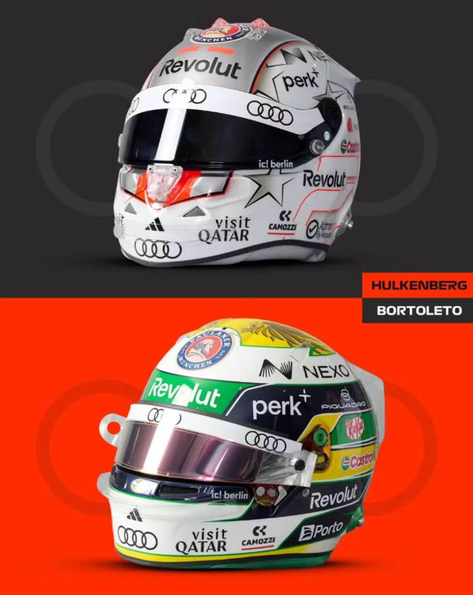 capacetes do brasileiro Gabriel Bortoleto e de seu parceiro na Audi, Nico Hulkenberg