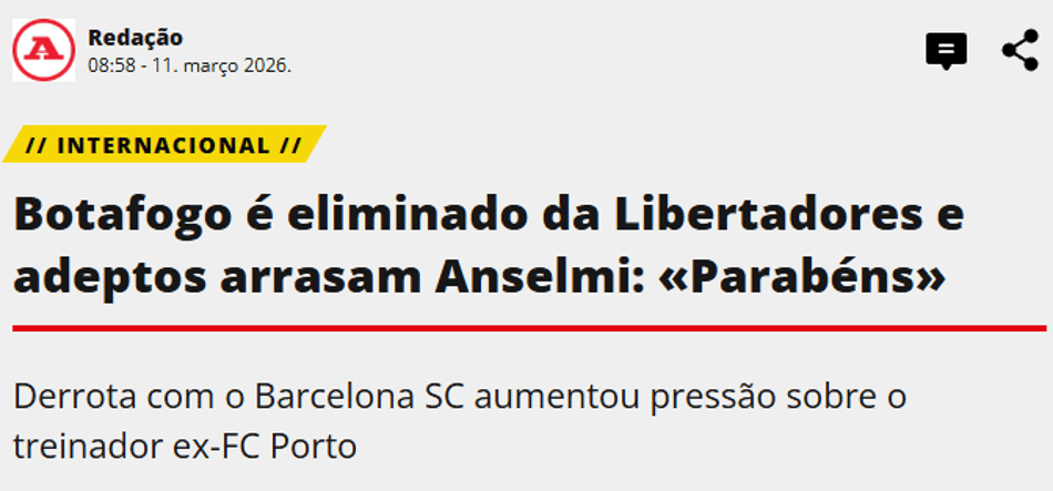 Jornal "A Bola" sobre a eliminação do Botafogo para o Barcelona-EQU (Foto: Reprodução/A Bola)