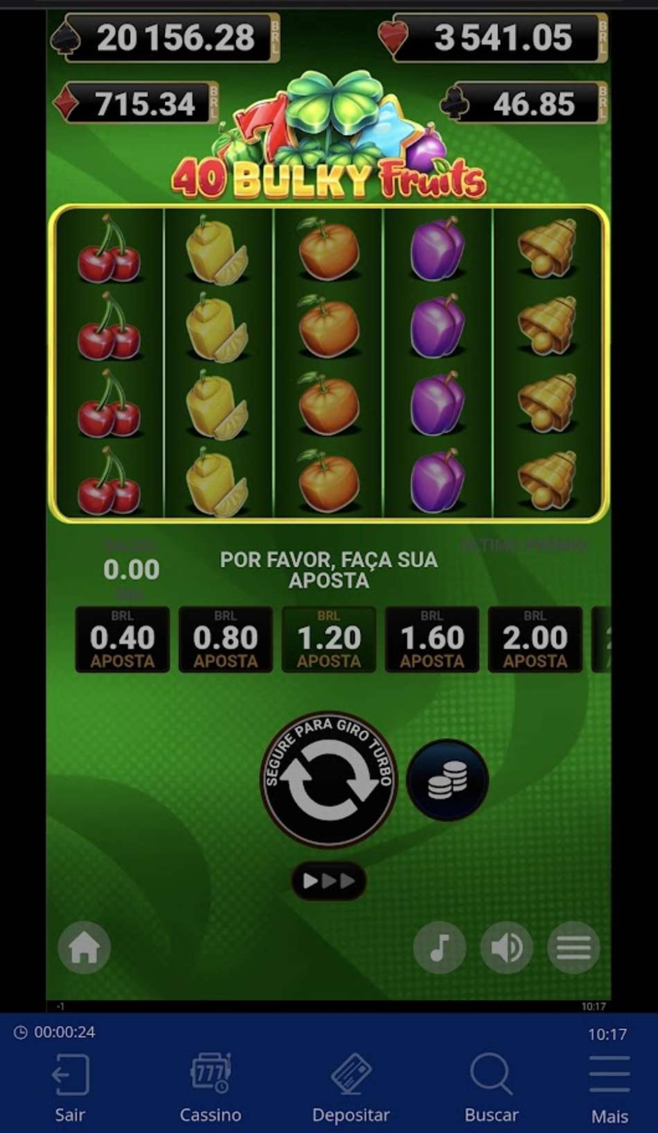 Captura de tela do slot com jackpot progressivo 40 Bulky Fruits na Sportingbet.