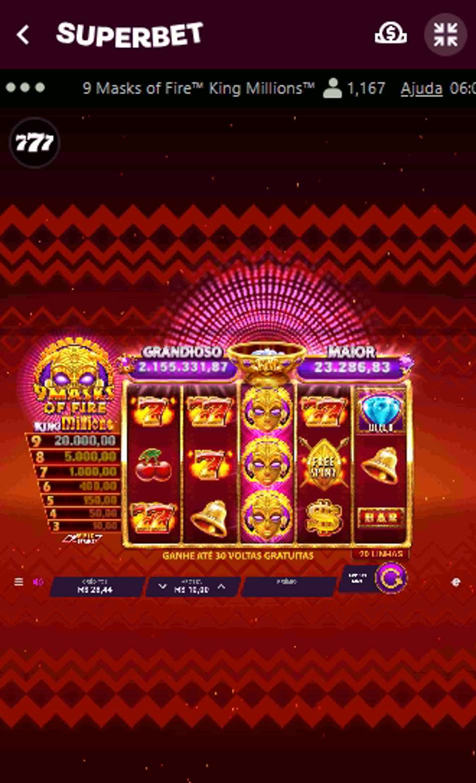 Captura de tela do slot com jackpot progressivo 9 Masks of Fire King Millions na Superbet.