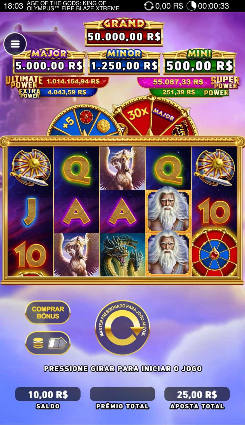 Captura de tela do slot com jackpot progressivo Age of the Gods King of the Olympus na Brazino777.