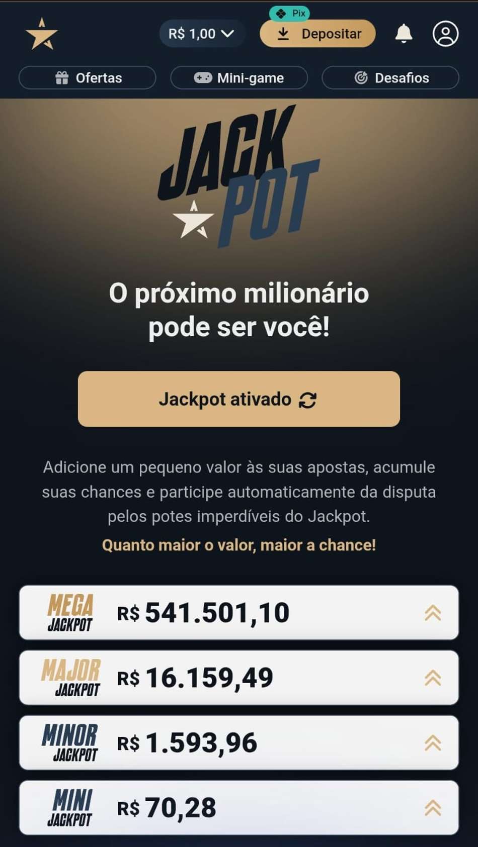 Captura de tela do jackpot progressivo da Estrela Bet.