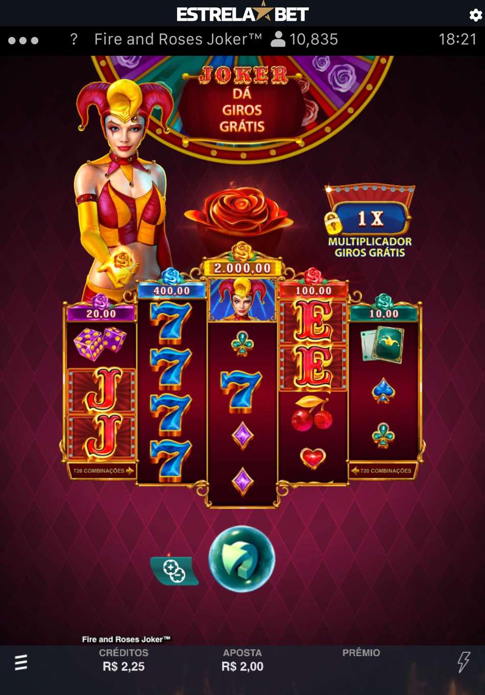 Captura de tela do slot com jackpot progressivo Fire and Roses Joker King Millions na Estrela Bet.