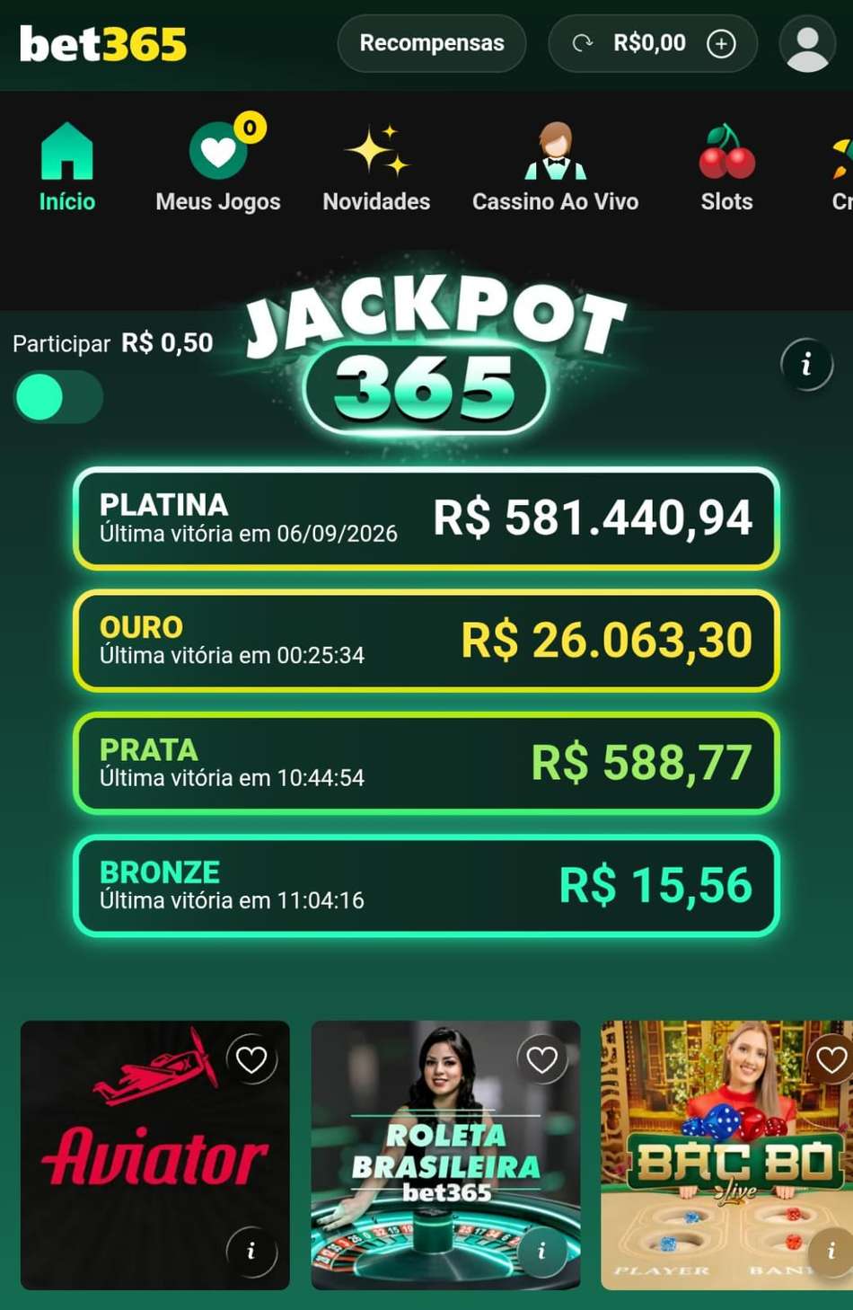 Captura de tela do Jackpot365 do cassino bet365.