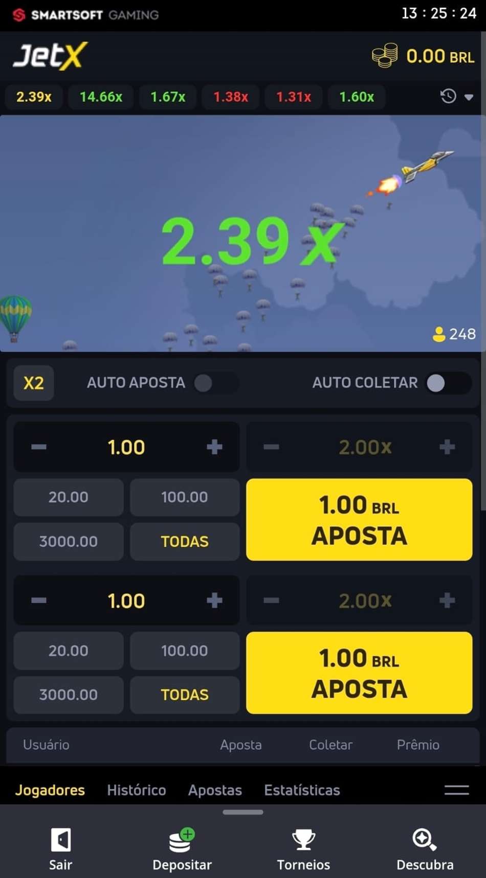Captura de tela do crash JetX com uma partida iniciada exibindo os multiplicadores alcançados pelo foguete no cassino da Betsson.