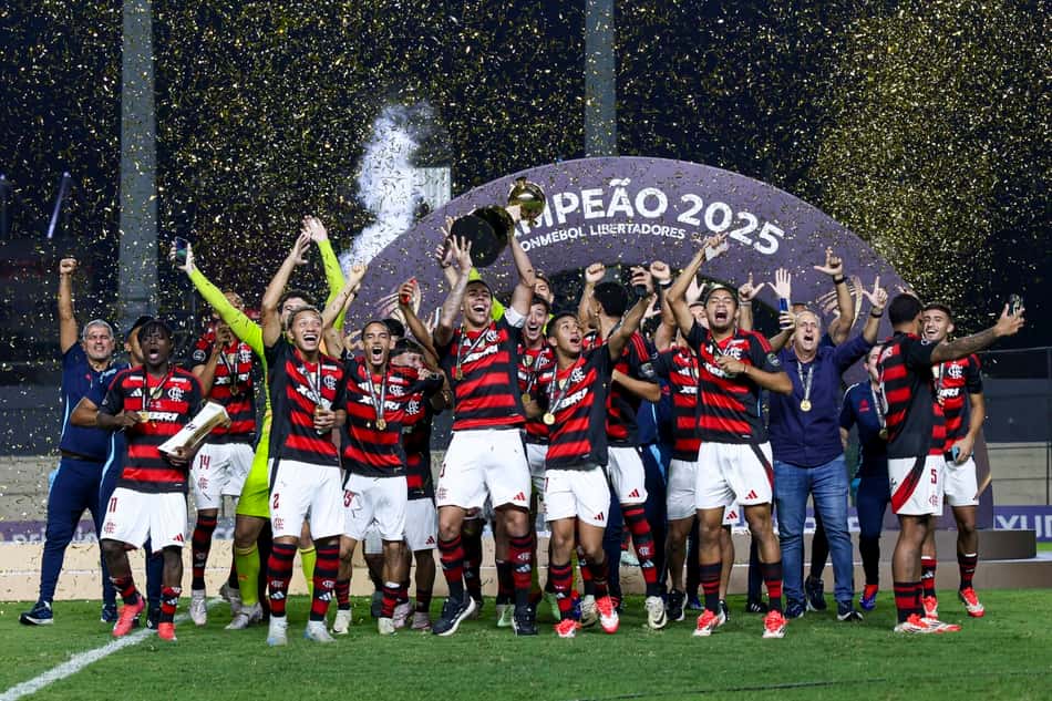 Jogadores do Flamengo com a taça da Libertadores Sub-20 (Foto: Divulgação)