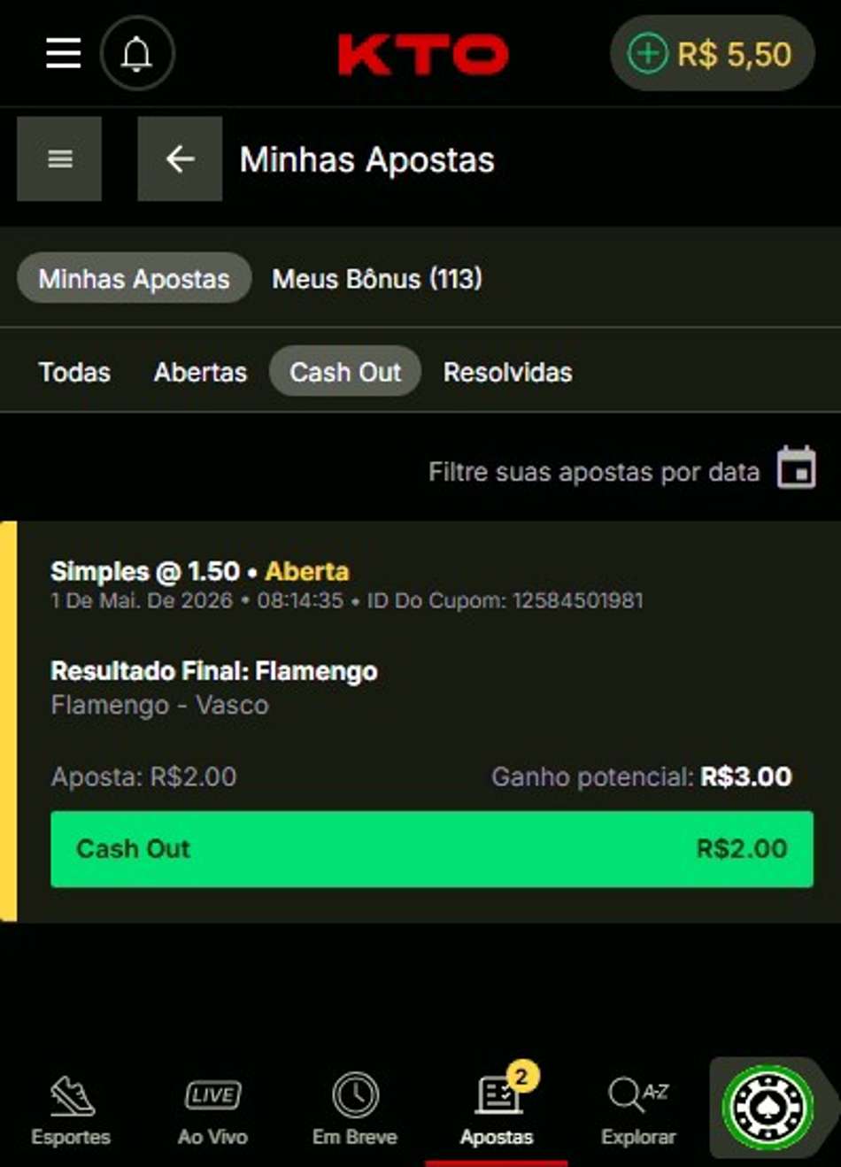 Captura da tela de cash out na KTO.