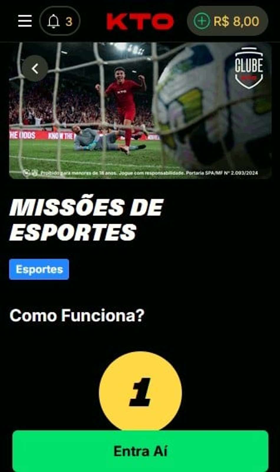 Captura de tela mostra aba de missões na KTO que inclui apostas em lutas e UFC.