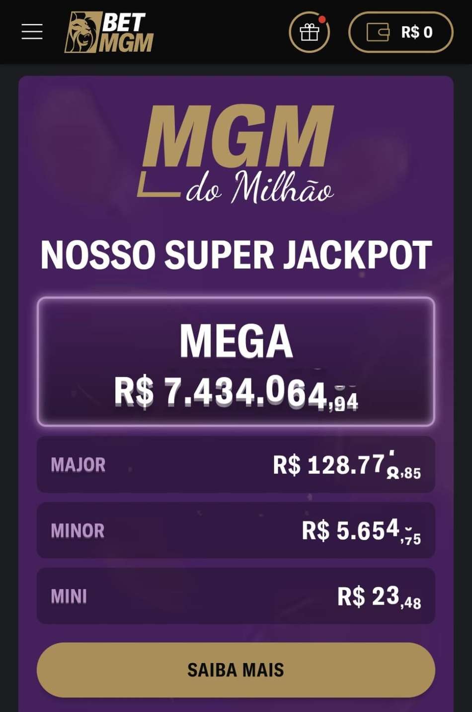 Captura de tela do jackpot progressivo MGM do Milhão do cassino BetMGM.