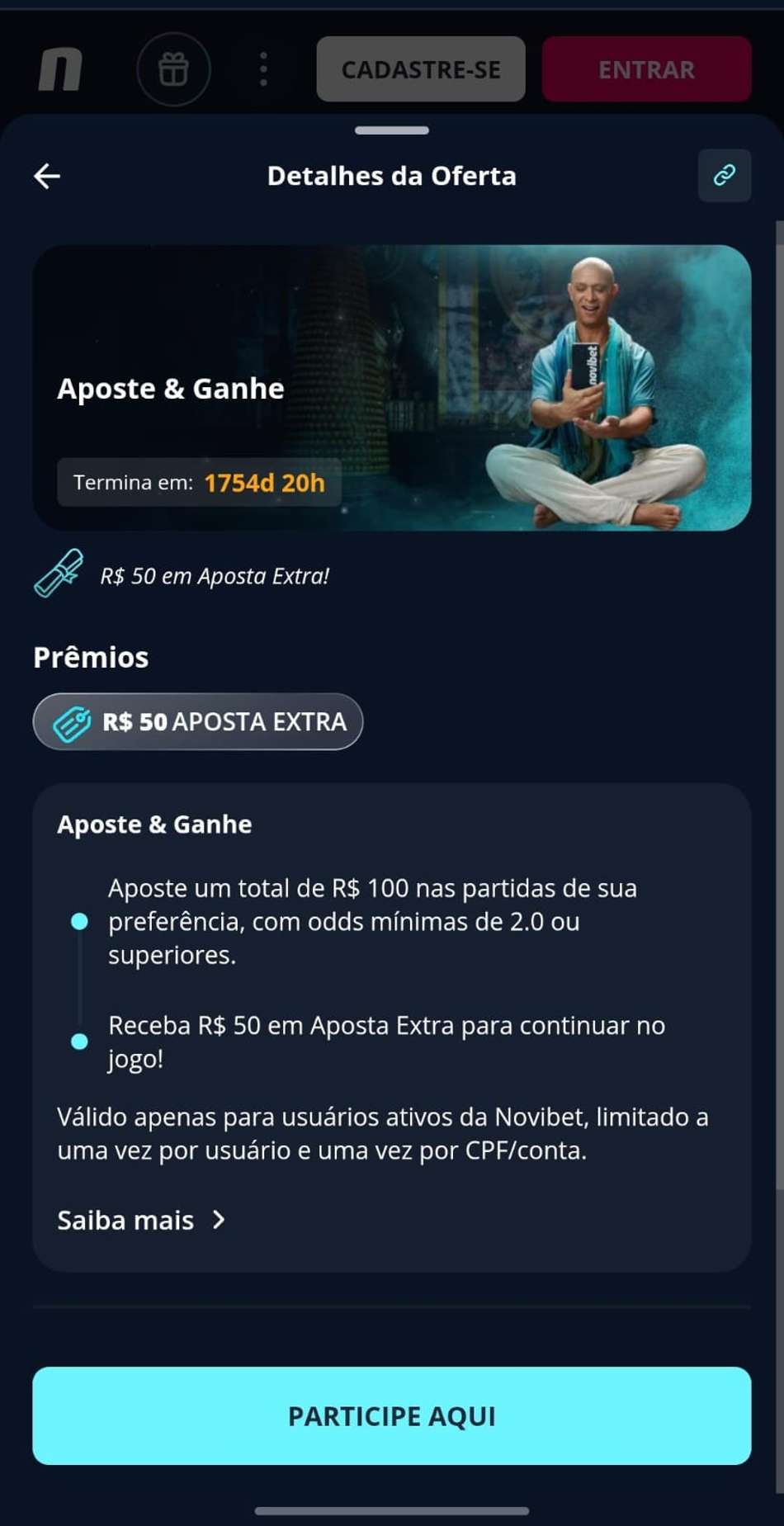 Captura de tela da oferta Aposte & Ganhe da Novibet com as regras de participação para apostar em futebol.