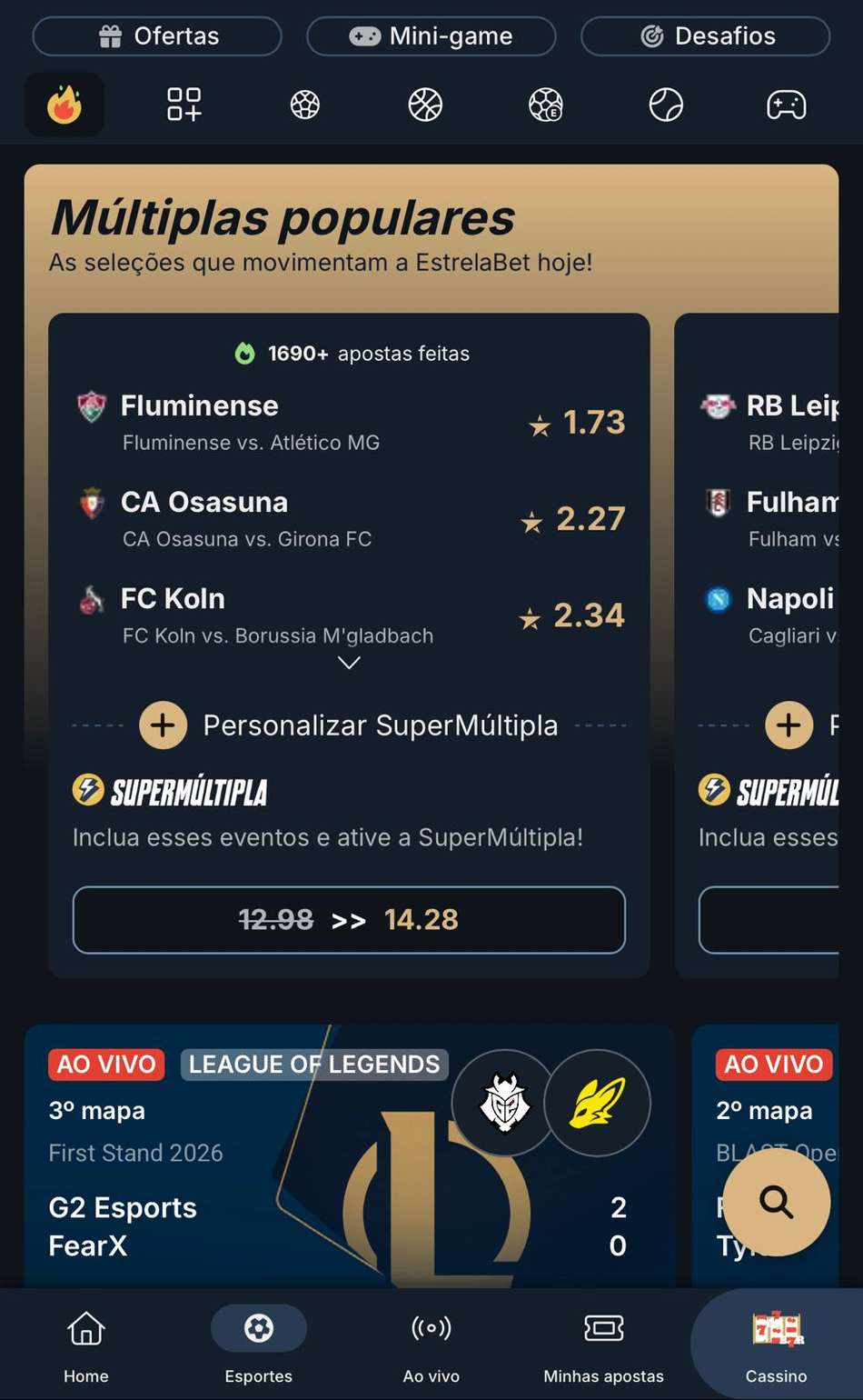 Captura de tela com ofertas para o fim de semana em múltiplas na Estrela Bet.