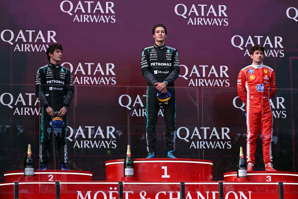 Pódio do GP da Austrália na F1 2026 (Foto: WILLIAM WEST / AFP)