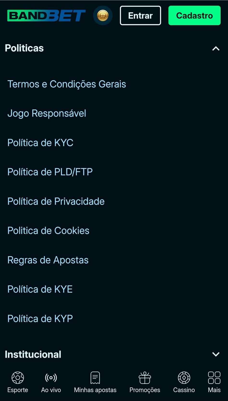 Rodapé da Bandbet com políticas de KYC, KYP e de Privacidade