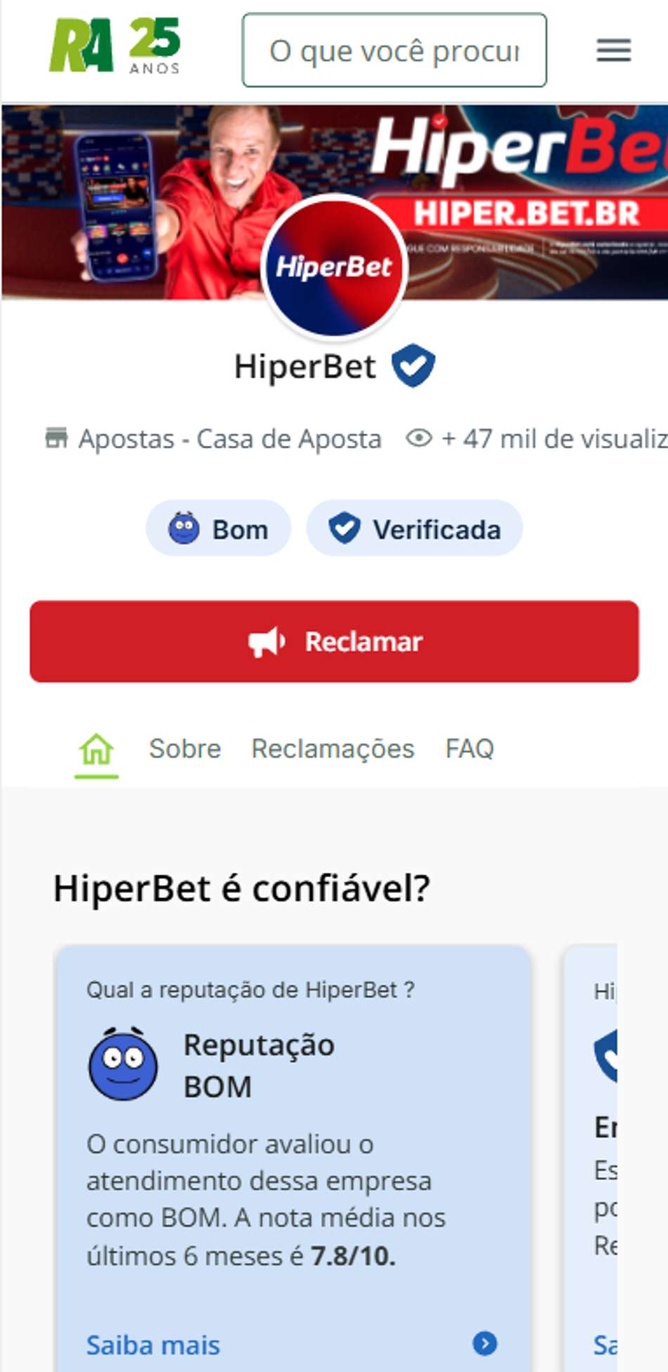 Reputação Boa da HiperBet no Reclame Aqui com nota 7.8/10