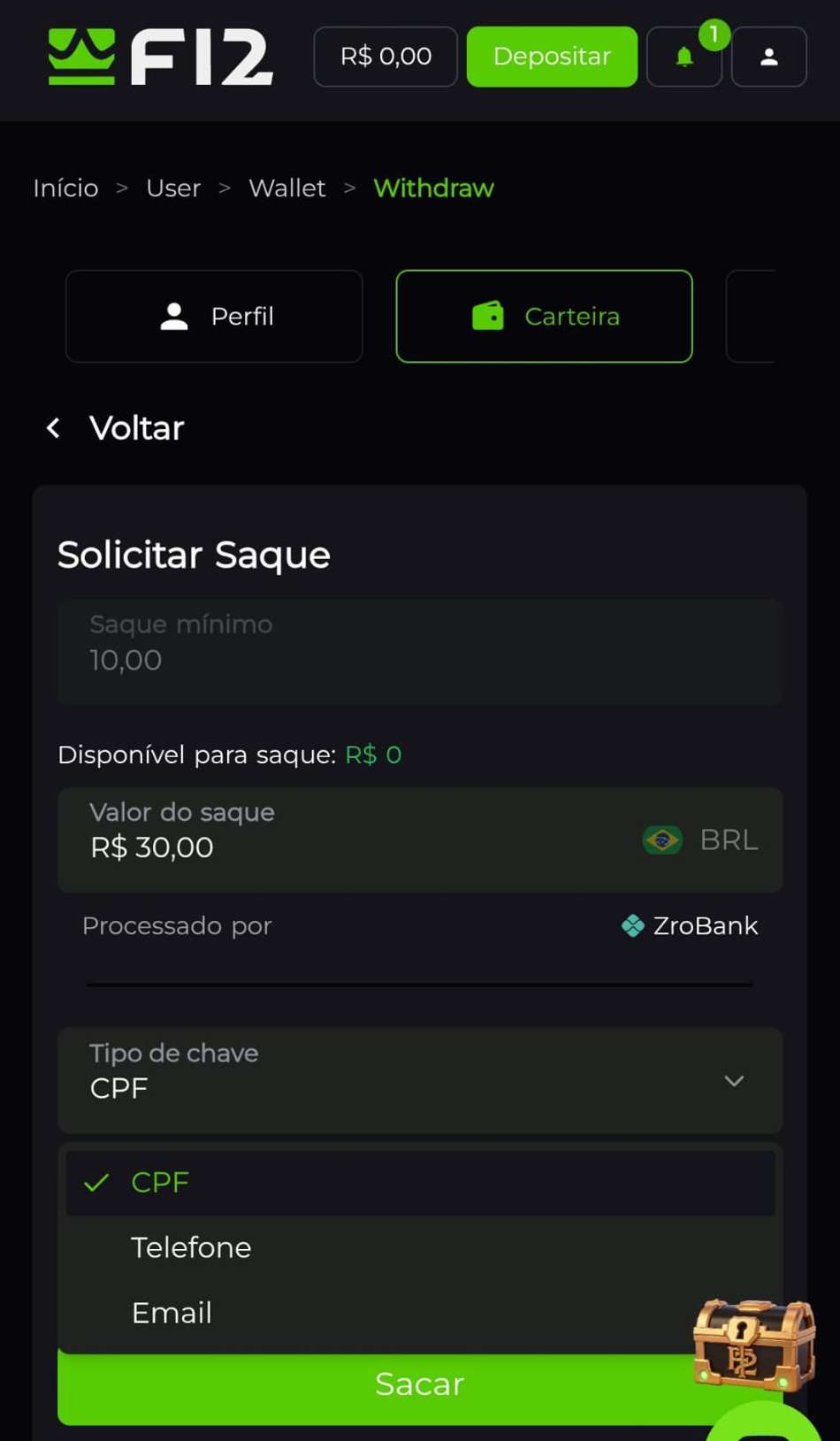 Captura de tela da página de saque via Pix F12 Bet.