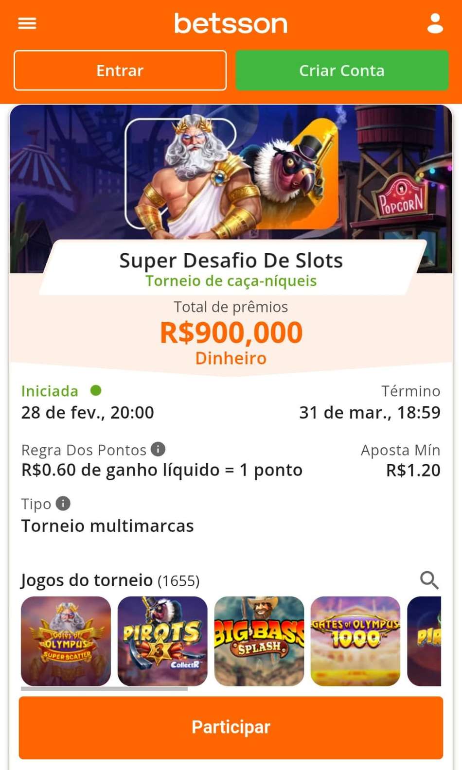 Captura de tela do super Desafio de Slots da Betsson para o Gates of Olympus.